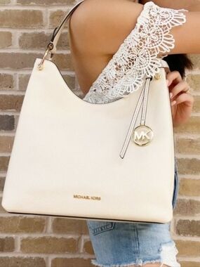 Michael Kors $269 Joan Large Leather Shoulder Bag Ivory Gold Bag Charm/Logo